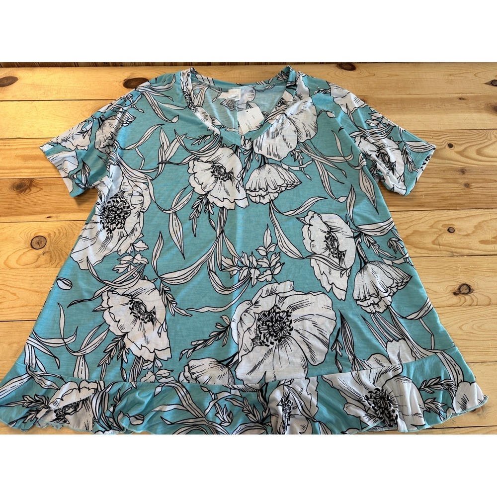 HoneyMe Womens Floral V-Neck Ruffle Hem Top Turquoise Blue White Black Size M